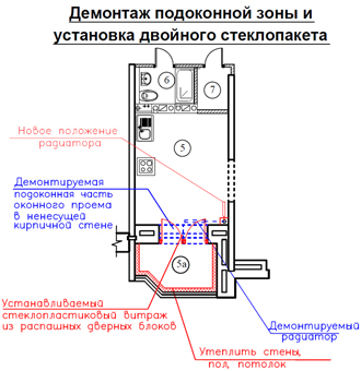 демонтаж подоконника и установка стеклопакета