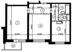 План двухкомнатной квартиры серии П-3 до перепланировки