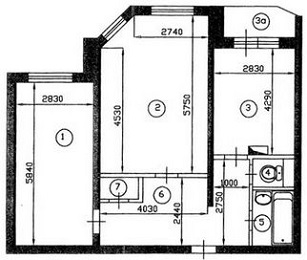 План двухкомнатной квартиры серии П-30 до перепланировки