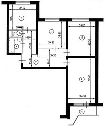 План трехкомнатной квартиры серии П-44 до перепланировки