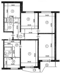 План трехкомнатной и однокомнатной квартиры серии П-44 до перепланировки