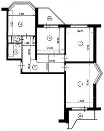 План трехкомнатной квартиры серии П-44Т до перепланировки