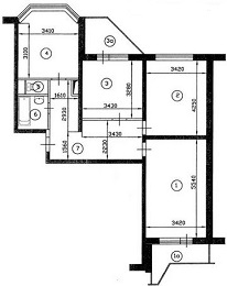 План трехкомнатной квартиры серии П-44Т до перепланировки