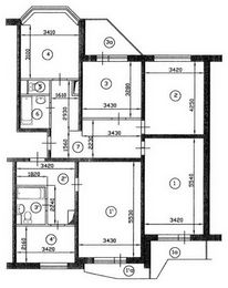 План трехкомнатной и однокомнатной квартиры серии П-44Т до перепланировки