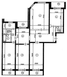 План четырехкомнатной квартиры серии П-55М до перепланировки