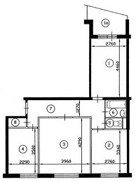 План трехкомнатной квартиры серии II-18 до перепланировки