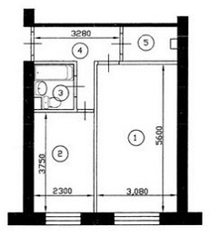 План однокомнатной квартиры серии II-18 до перепланировки