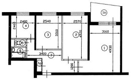 План трехкомнатной квартиры серии II-49 до перепланировки