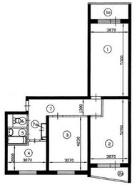 План трехкомнатной квартиры серии II-57 до перепланировки