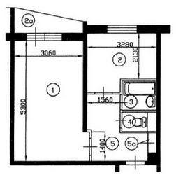 План однокомнатной квартиры серии II-57 до перепланировки